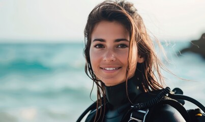 A woman in scuba diving gear and rubber wetsuit