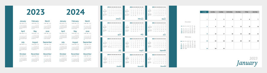 Flat calendar for 2023 and 2024. The week starts on Sunday. Wall calendar in a minimalist style on a light gray background. In green color... - obrazy, fototapety, plakaty