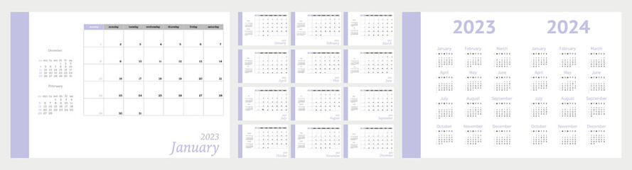 Flat calendar for 2023 and 2024. The week starts on Sunday. Wall calendar in a minimalist style on a light gray background. In purple color...