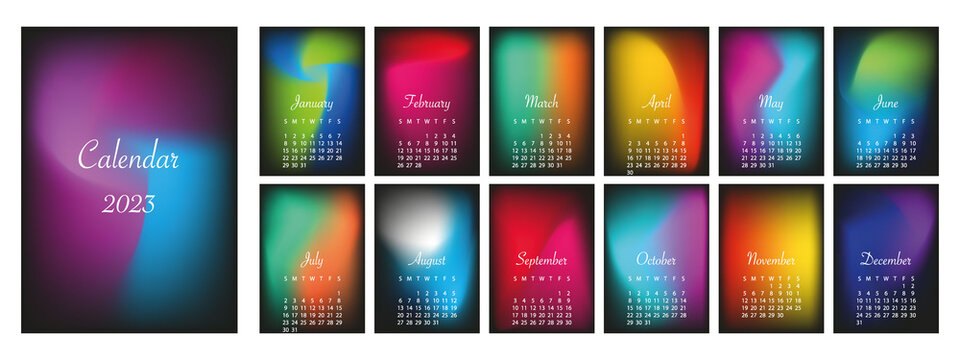 Flat calendar for 2023. With a color gradient on a black background. The week starts on Sunday...