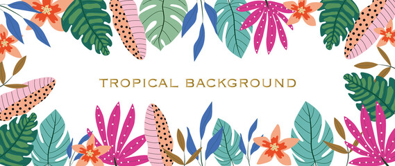 Flat illustration. Tropical background. Boho leaves, monstera, botanical tropical leaves and floral pattern. Perfect for home decor, wallpaper, wall art, social media post and story background... - obrazy, fototapety, plakaty