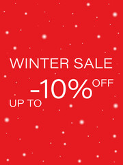 Flat illustration. Winter sale banner. Red background with snowflakes and the inscription 
