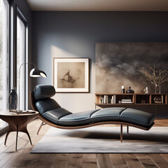 A spacious living room with a sophisticated design, featuring a stylish chaise and a floating storage unit