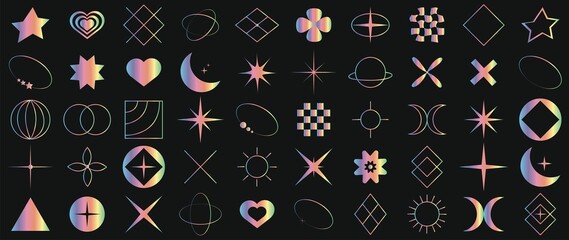 Flat icons on a black background. Collection of abstract geometric symbols in rainbow gradient. y2k style. Elements for designing notes, posters, stickers, logos, business cards...