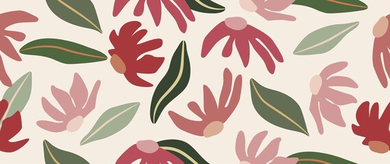Flat seamless background. Abstract floral pattern. Modern print of pink flowers and green leaves on a light background. Ideal for textile design, screensavers, covers, invitations and posters..