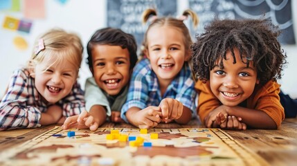 Diverse children happily playing board game, creating candid and heartwarming moment together.