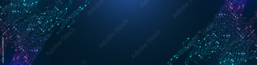 Fototapete Quantum technologies concept. Deep learning artificial intelligence. Circuit board texture background design. Big data algorithms visualization. Neural networks illustration.