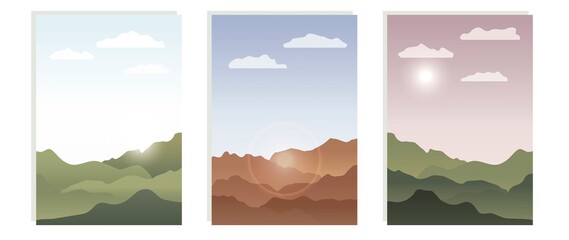 Flat posters. Beautiful view of mountains and sky. Illustration suitable for template, poster, textile design and home design.