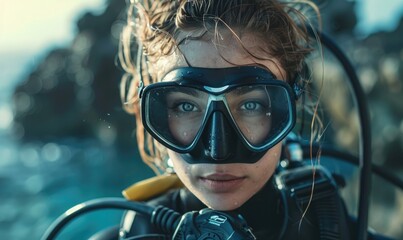 A woman in scuba diving gear and rubber wetsuit