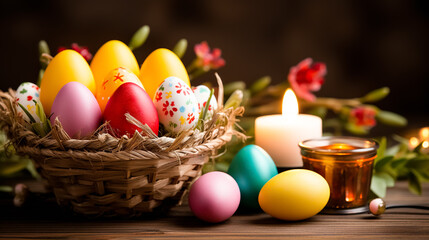 Fototapeta na wymiar Colorful Easter eggs in a basket with flowers on wooden background. Greeting card on an Easter theme. Happy Easter concept.