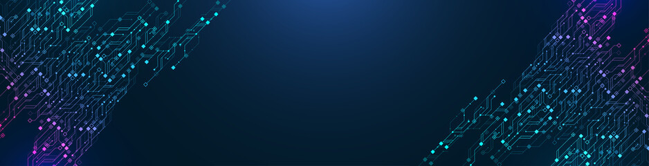 Quantum technologies concept. Deep learning artificial intelligence. Circuit board texture background design. Big data algorithms visualization. Neural networks illustration.