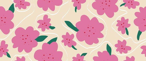 Flat seamless background. Pink abstract flowers on a light background with green leaves. Modern fashion print. Perfect for textile design, backgrounds, screensavers, posters, cards and invitations...