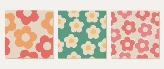Fototapeta na wymiar Flat set of three abstract square seamless patterns. Floral retro design of the 70s. Perfect for textile, cover, card, poster and screensaver..