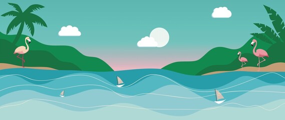 Fototapeta na wymiar Flat illustration. Panorama of the sea and the beach. The picture shows the sea, sails, tropical leaves, flamingos, sun and clouds. Perfect for a summer sale post or banner...