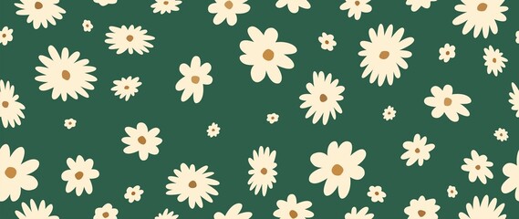 Flat seamless background. Abstract white chamomile flowers on a green background. Modern fashion print. Perfect for textile design, backgrounds, screensavers, posters, cards and invitations...