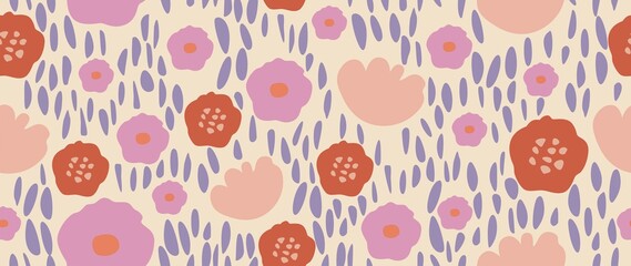 Flat seamless background. Abstract pastel flowers on a light background with circles. Modern fashion print. Perfect for textile design, backgrounds, screensavers, posters, cards and invitations...