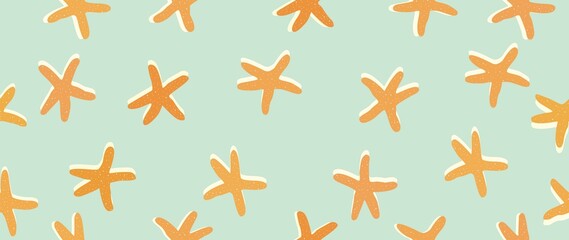 Fototapeta na wymiar Flat seamless summer background. Orange starfish on a turquoise background. Summer sea animals background design. Suitable for screensavers, textile design, cards, invitations and wallpapers..