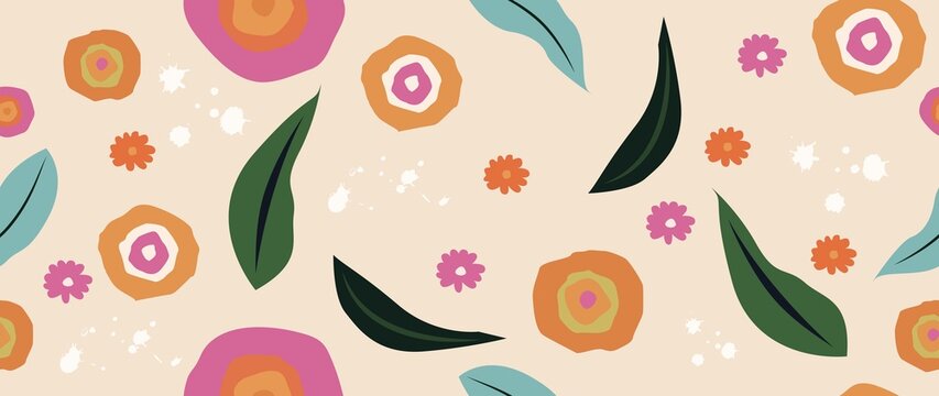 Flat illustration seamless. Cute colored flowers with leaves and bright abstract circles. Modern spring pattern. Perfect for screensaver, poster, card, invitation or home decor...