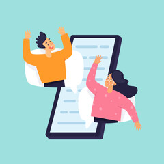 Chat man and woman communicate on the Internet. Flat illustration