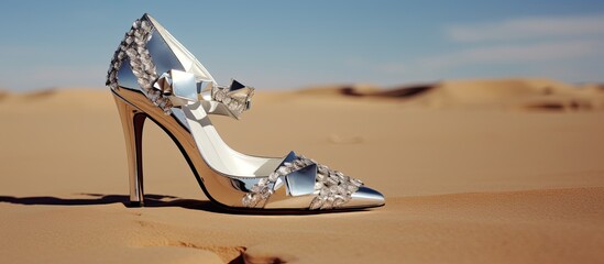 A pair of silver high heeled shoes are placed neatly on the sandy desert surface. The shoes stand out against the textured sand, creating a stark visual contrast.