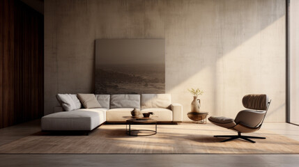 A spacious living room with a textured wall finish, a large rug, and a modern armchair