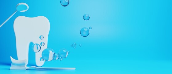 3d object illustration for dentist tooth with tools of medical health care for dental clinic hospital bussiness