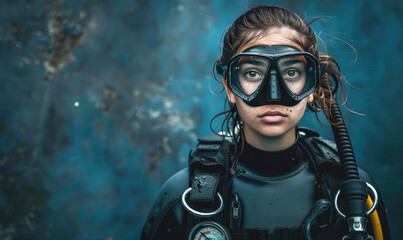 A woman in scuba diving gear and rubber wetsuit - obrazy, fototapety, plakaty