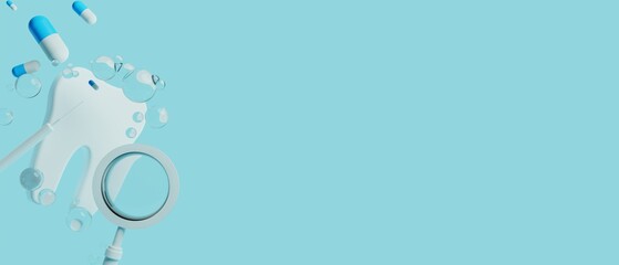 3d object illustration for dentist tooth with tools of medical health care for dental clinic hospital bussiness