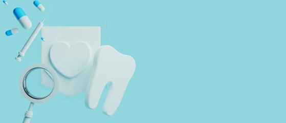 3d object illustration for dentist tooth with tools of medical health care for dental clinic hospital bussiness
