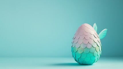 Easter egg made of mermaid scales with a mermaid tail. On aqua blue background. Minimal Easter concept. Pastel colors with glitter. - obrazy, fototapety, plakaty