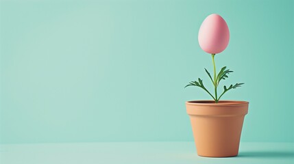 Easter egg growing instead of a flower in the pot. Minimal Easter concept in pastel colors. - obrazy, fototapety, plakaty