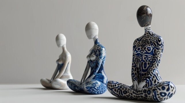 Three ceramic figures in lotus position, painted in blue and white designs.