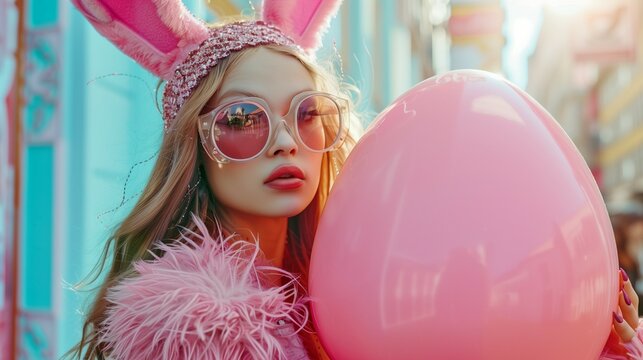 Modern girl wearing fashion sunglasses and bunny ears. Holding a big Easter egg and announcing the arrival of Easter. Easter concept in pastel colors.

