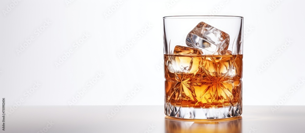 Poster a glass filled with ice cubes is placed on top of a smooth table surface. the glass appears to conta