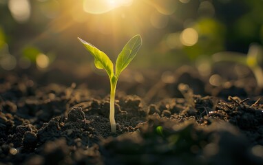 Sprouting Seedling in Soil: A close-up view of a young seedling sprouting from the soil, with the sun shining from behind. - obrazy, fototapety, plakaty