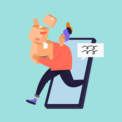 Delivery man carries a bunch of boxes. Flat illustration