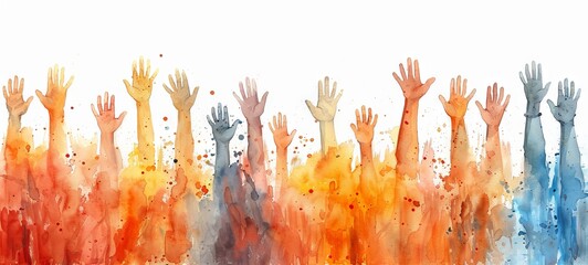 Variety of raised hands on white background. Watercolor illustration. Banner with copy space. Concept of election, voting, electoral process, unity, diversity, American presidential elections