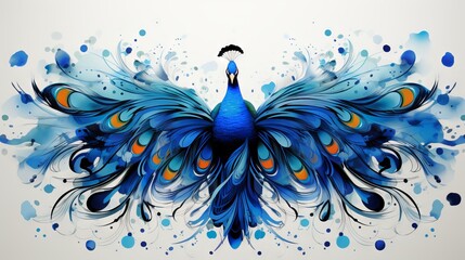 Abstract blue peacock with elegant feather design. Concept of contemporary artwork, decorative animal theme, stylized nature, and graphic illustration. Isolated on white background