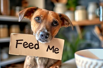 Cute hungry dog with pleading eyes holding a "Feed Me" cardboard sign in the kitchen. Concept of pet care, animal feeding, funny dogs, and humorous pet expressions.