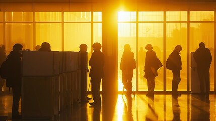 Silhouettes of people at a polling station during sunset. Concept of elections, evening voting, democratic participation, electoral process, transparent democracy, and civic duty. Art