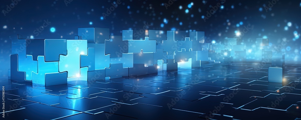 Poster connecting a jigsaw puzzle with glowing blue. low polygon or low poly design and triangle style desi