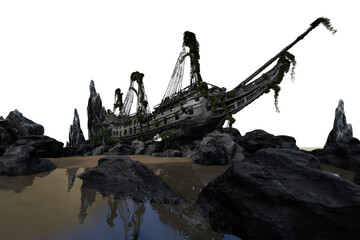 3D rendered fantasy stranded pirate ship as a backdrop with transparent background  © HWWO Stock