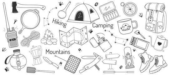 Fototapeta premium Set of camping doodles. Gear for outdoor adventures. Tent, axe, lighter, fire, backpack, matches, knife, walkie-talkie, mountains, compass, constellations. Vector illustration.