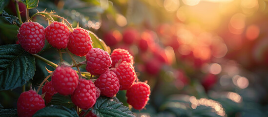 Ripe raspberries bask in the golden light of sunset, nestled among vibrant green leaves in a...