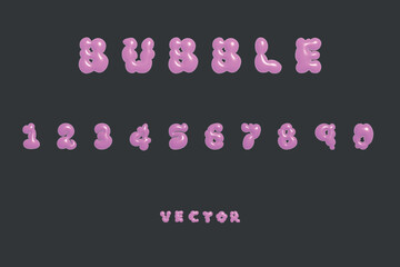 3D bubble font alphabet numbers in y2k style. Pink inflated type text isolated on dark grey background. Vector realistic