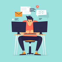 Programmer sits behind two monitors. Businessman has a lot of work. Flat illustration