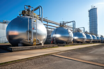 Fototapeta na wymiar Industrial stainless steel tanks and piping at a processing plant under a clear blue sky, reflecting precision and scale in modern manufacturing.