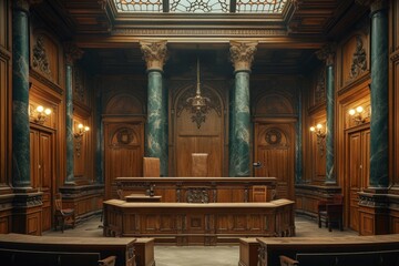 Empty Courtroom with Wooden Benches and Judge's Bench in Center of Room - obrazy, fototapety, plakaty