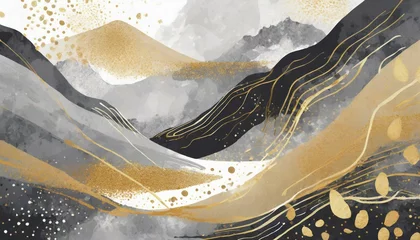 Türaufkleber Artistic abstract marble painting in watercolor and acrylic. gold, beige, black and black background in the form of mountains. Potable ink © Karyna M