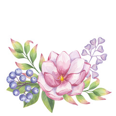 Pink magnolia, blue berries, green leaves foliage composition. Hand drawn watercolor illustration background. Botanical element for wedding invitation, save the date, greeting design